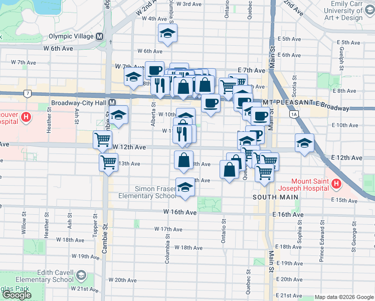 map of restaurants, bars, coffee shops, grocery stores, and more near 128 West 12th Avenue in Vancouver