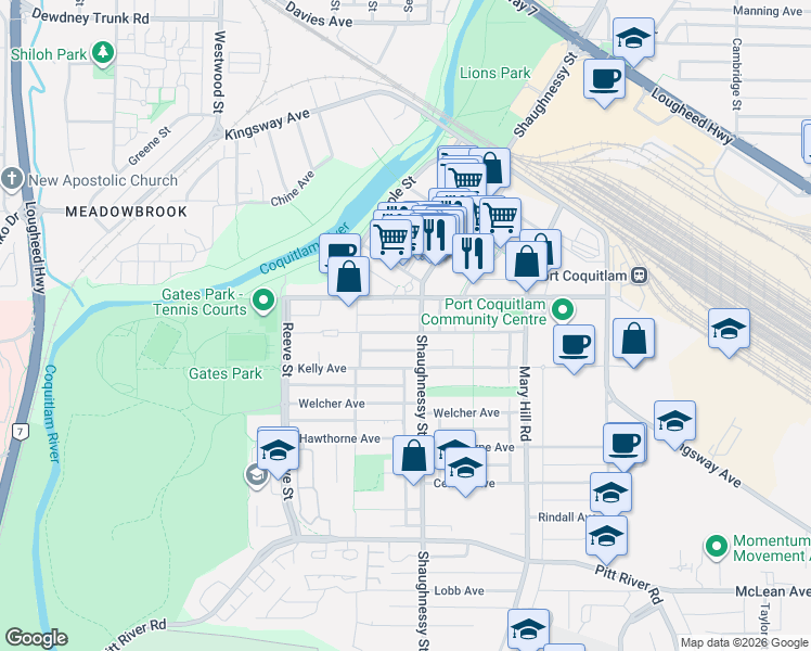 map of restaurants, bars, coffee shops, grocery stores, and more near 2343 Atkins Avenue in Port Coquitlam