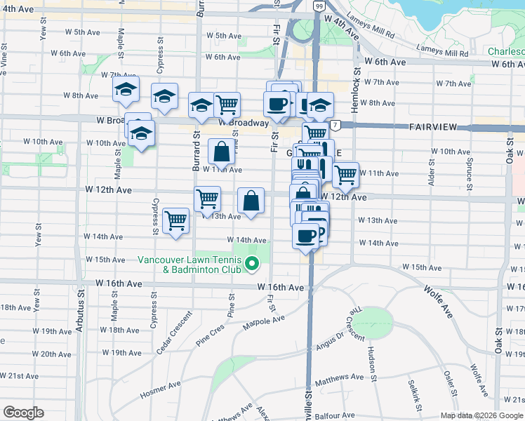 map of restaurants, bars, coffee shops, grocery stores, and more near 1625 West 13th Avenue in Vancouver