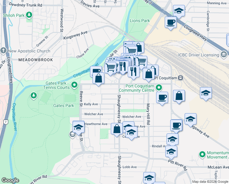 map of restaurants, bars, coffee shops, grocery stores, and more near 2343 Atkins Avenue in Port Coquitlam