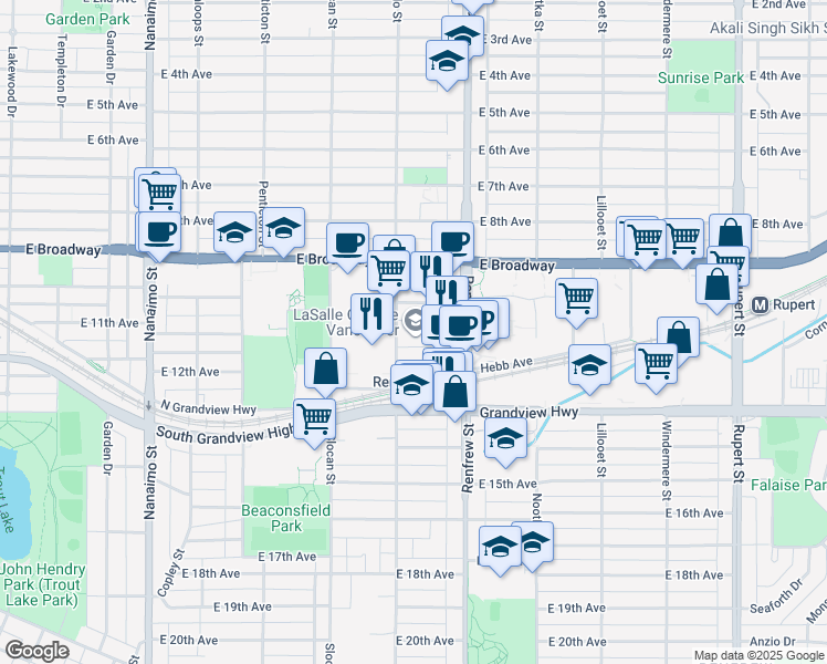 map of restaurants, bars, coffee shops, grocery stores, and more near in Vancouver