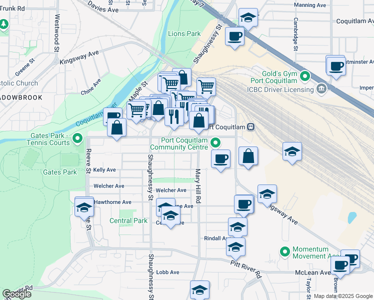 map of restaurants, bars, coffee shops, grocery stores, and more near 2217 Atkins Avenue in Port Coquitlam