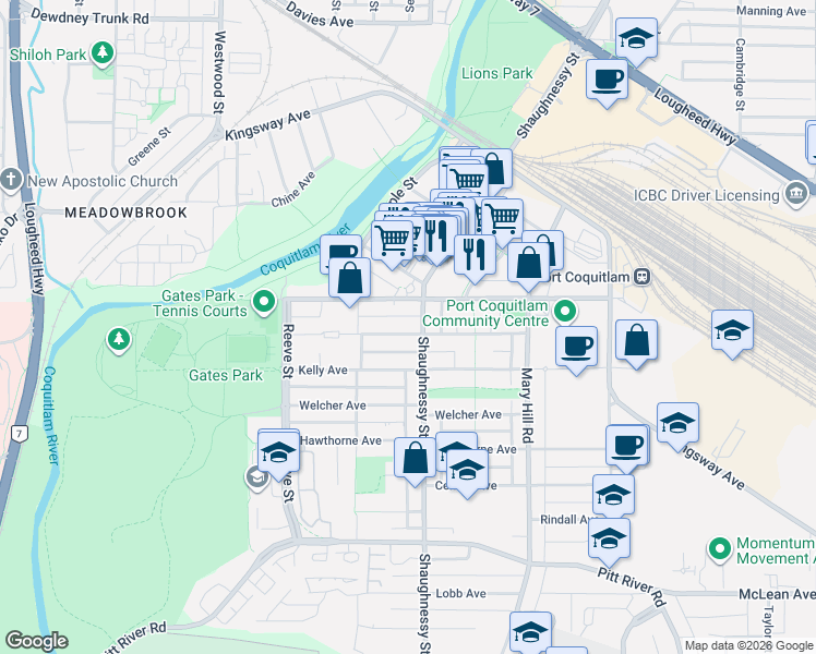 map of restaurants, bars, coffee shops, grocery stores, and more near 2343 Atkins Avenue in Port Coquitlam