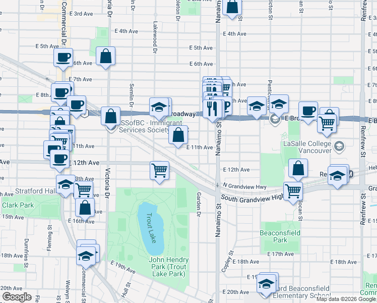 map of restaurants, bars, coffee shops, grocery stores, and more near 2244 East 11th Avenue in Vancouver