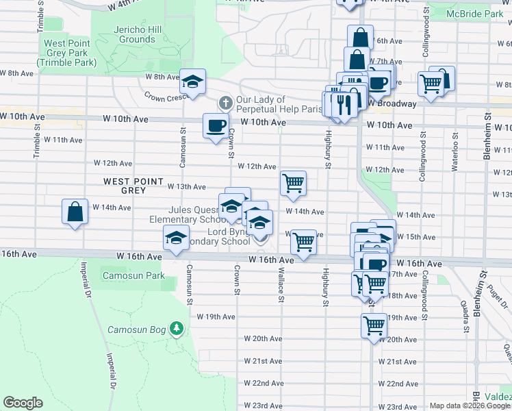 map of restaurants, bars, coffee shops, grocery stores, and more near 3947 West 14th Avenue in Vancouver
