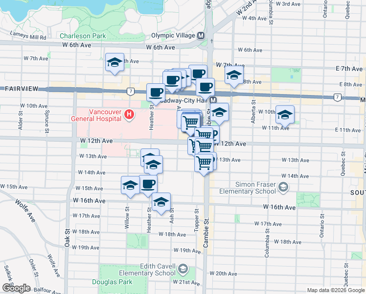 map of restaurants, bars, coffee shops, grocery stores, and more near 590 West 12th Avenue in Vancouver