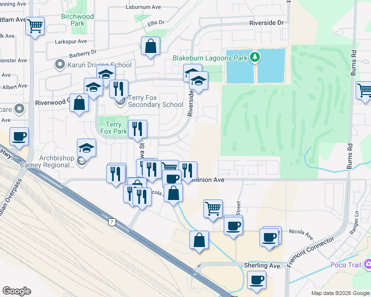 map of restaurants, bars, coffee shops, grocery stores, and more near 2473 Nile Gate in Port Coquitlam