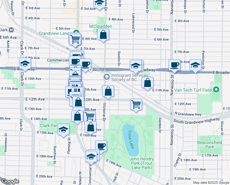 map of restaurants, bars, coffee shops, grocery stores, and more near 1950 East 11th Avenue in Vancouver