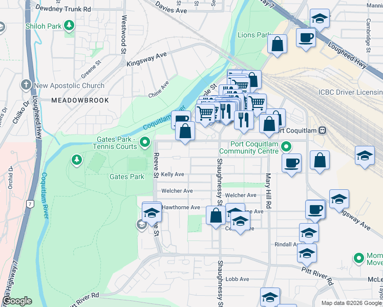 map of restaurants, bars, coffee shops, grocery stores, and more near 2397 Atkins Avenue in Port Coquitlam