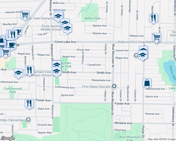 map of restaurants, bars, coffee shops, grocery stores, and more near 845 Smith Avenue in Coquitlam