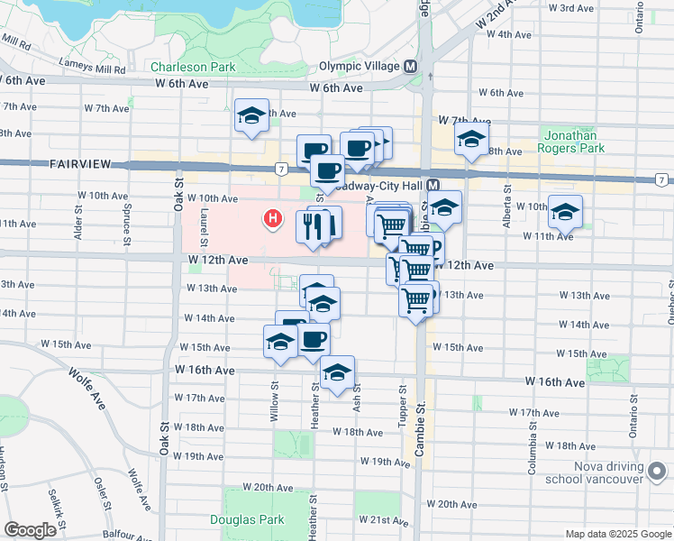 map of restaurants, bars, coffee shops, grocery stores, and more near 688 West 12th Avenue in Vancouver