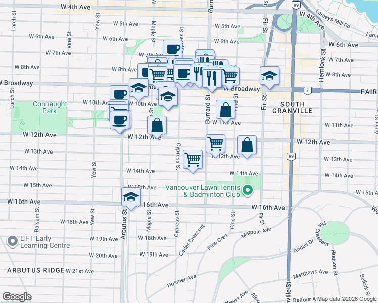 map of restaurants, bars, coffee shops, grocery stores, and more near 1865 West 13th Avenue in Vancouver