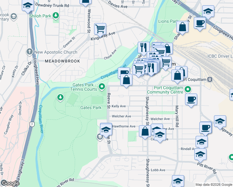 map of restaurants, bars, coffee shops, grocery stores, and more near 2473 Atkins Avenue in Port Coquitlam