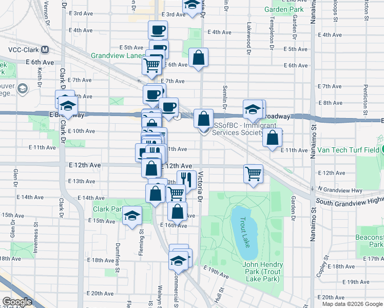 map of restaurants, bars, coffee shops, grocery stores, and more near in Vancouver