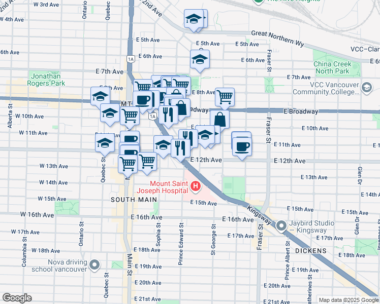 map of restaurants, bars, coffee shops, grocery stores, and more near in Vancouver