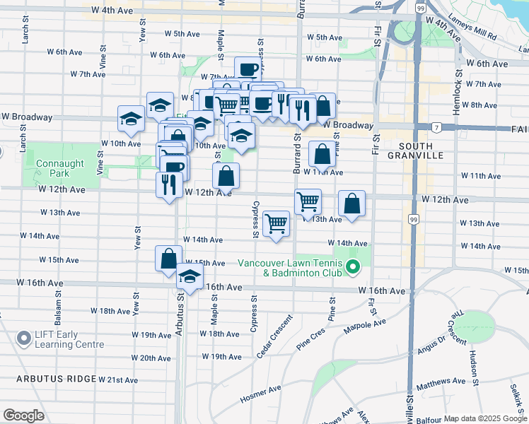 map of restaurants, bars, coffee shops, grocery stores, and more near 1881 West 13th Avenue in Vancouver