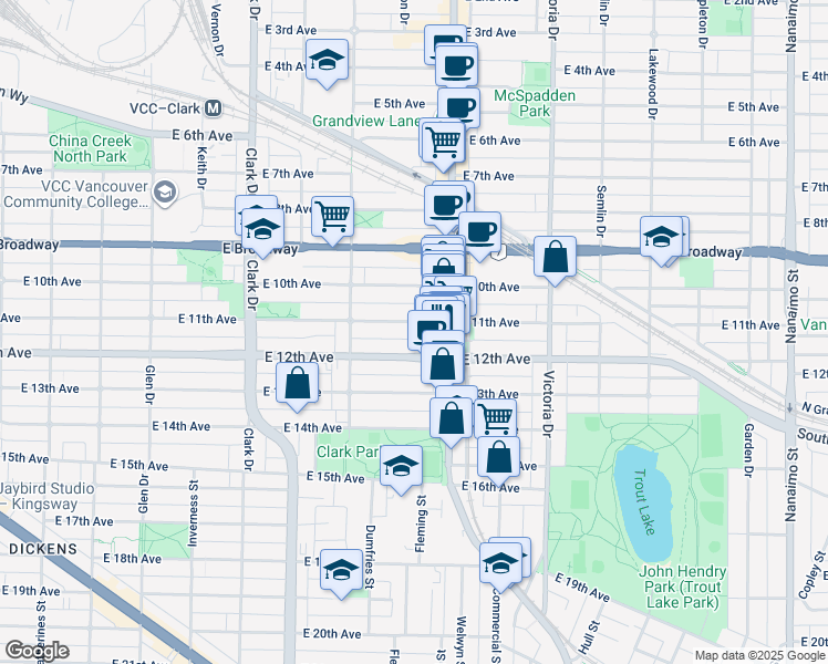 map of restaurants, bars, coffee shops, grocery stores, and more near 1630 East 11th Avenue in Vancouver