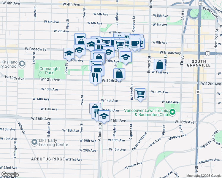 map of restaurants, bars, coffee shops, grocery stores, and more near 2023 West 13th Avenue in Vancouver