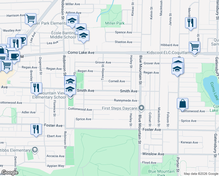 map of restaurants, bars, coffee shops, grocery stores, and more near 845 Smith Avenue in Coquitlam