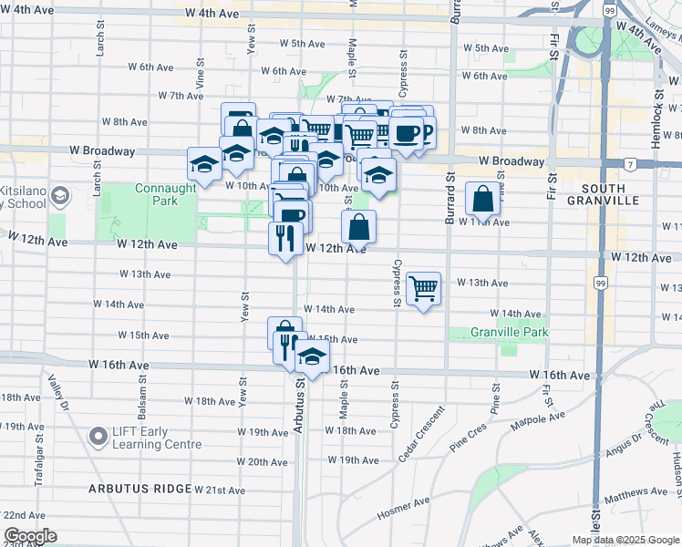 map of restaurants, bars, coffee shops, grocery stores, and more near 2005 West 13th Avenue in Vancouver