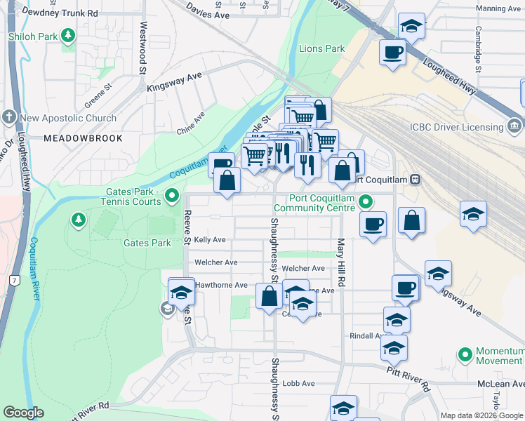 map of restaurants, bars, coffee shops, grocery stores, and more near 2343 Atkins Avenue in Port Coquitlam