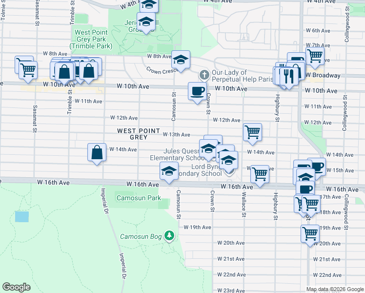 map of restaurants, bars, coffee shops, grocery stores, and more near 4069 West 14th Avenue in Vancouver