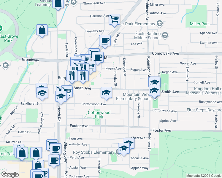map of restaurants, bars, coffee shops, grocery stores, and more near 617 Smith Avenue in Coquitlam