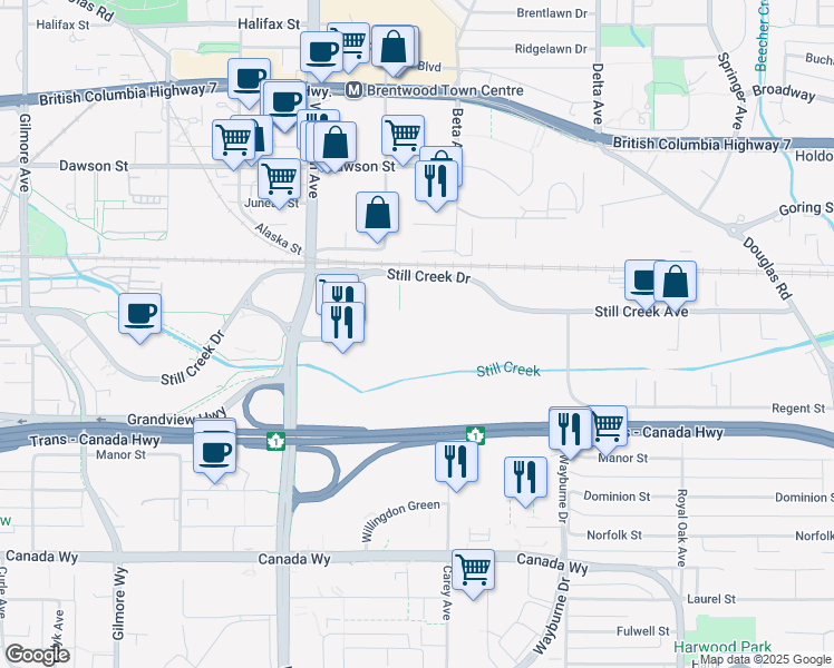 map of restaurants, bars, coffee shops, grocery stores, and more near 4500 Still Creek Drive in Burnaby