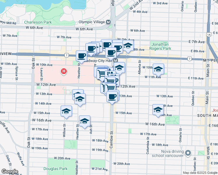 map of restaurants, bars, coffee shops, grocery stores, and more near 500 West 12th Avenue in Vancouver