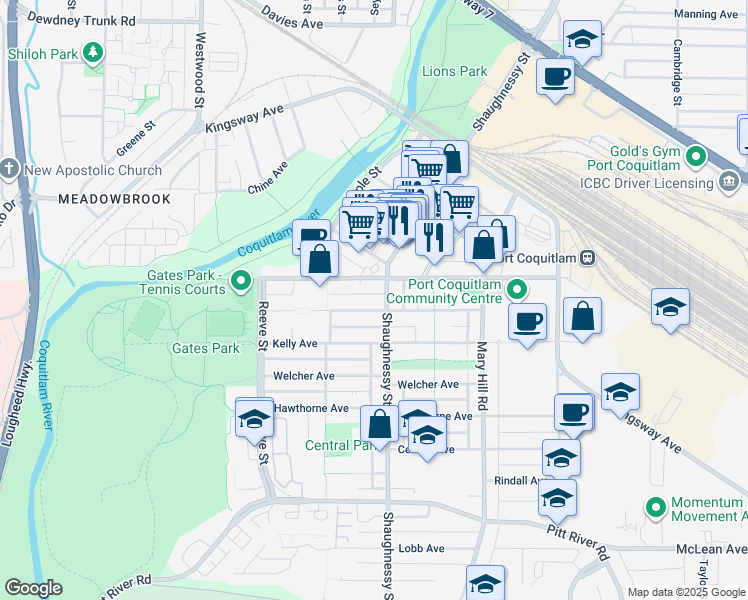 map of restaurants, bars, coffee shops, grocery stores, and more near 2343 Atkins Avenue in Port Coquitlam