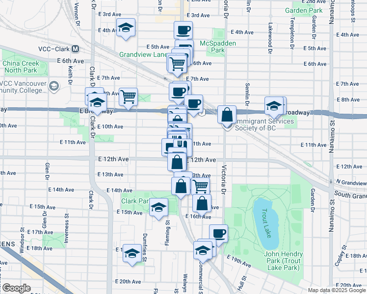 map of restaurants, bars, coffee shops, grocery stores, and more near 2730 Commercial Drive in Vancouver