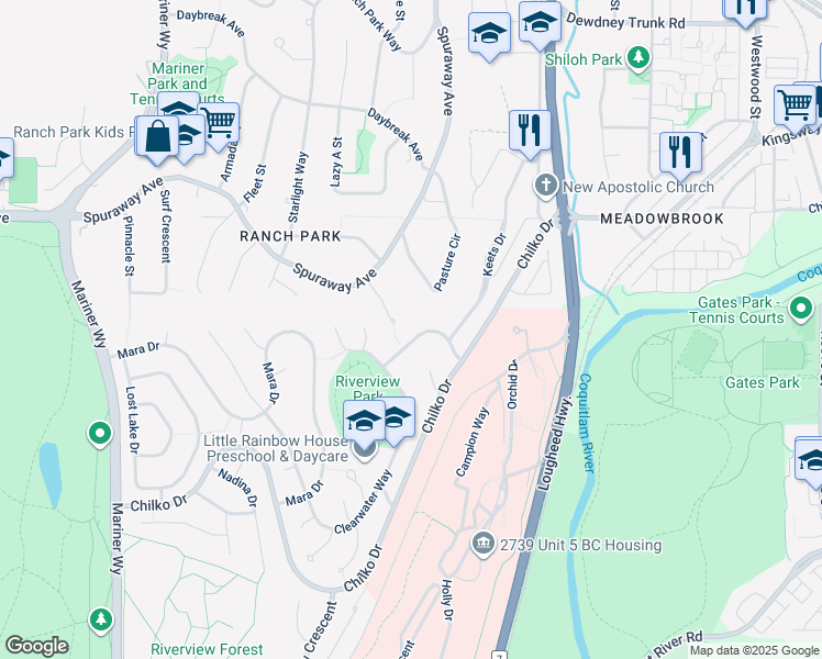 map of restaurants, bars, coffee shops, grocery stores, and more near 2910 Kalamalka Drive in Coquitlam