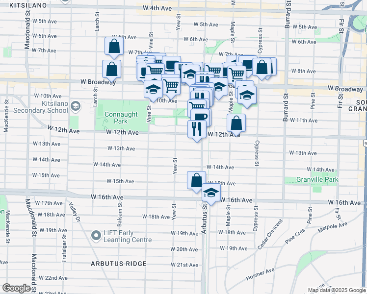 map of restaurants, bars, coffee shops, grocery stores, and more near 2175 West 13th Avenue in Vancouver