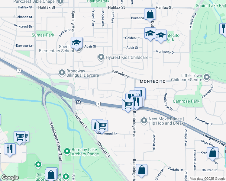 map of restaurants, bars, coffee shops, grocery stores, and more near Ellerslie Avenue in Burnaby