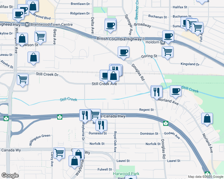 map of restaurants, bars, coffee shops, grocery stores, and more near 5156 Still Creek Avenue in Burnaby
