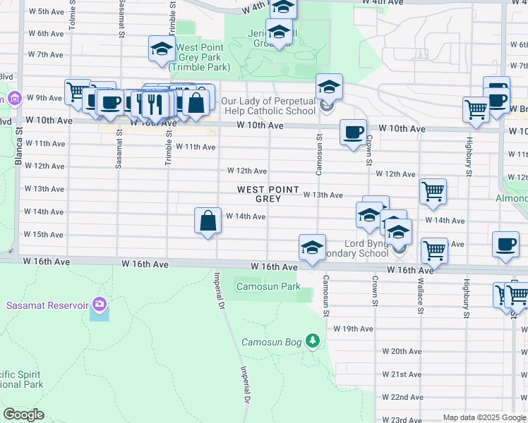 map of restaurants, bars, coffee shops, grocery stores, and more near 4203 West 14th Avenue in Vancouver