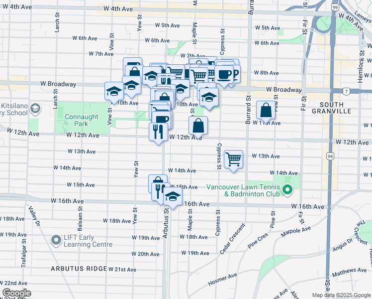 map of restaurants, bars, coffee shops, grocery stores, and more near 2015 West 13th Avenue in Vancouver