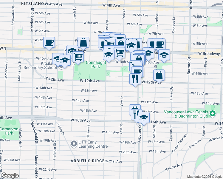 map of restaurants, bars, coffee shops, grocery stores, and more near 2263 West 13th Avenue in Vancouver