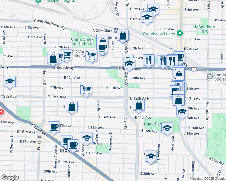 map of restaurants, bars, coffee shops, grocery stores, and more near 1206 East 11th Avenue in Vancouver