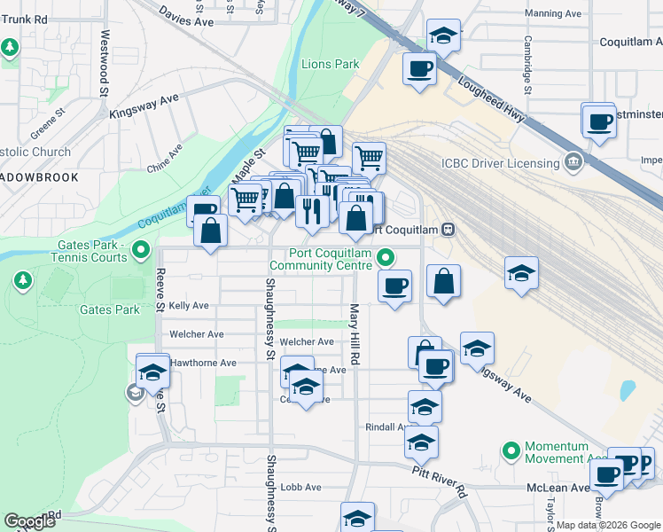 map of restaurants, bars, coffee shops, grocery stores, and more near 2229 Atkins Avenue in Port Coquitlam