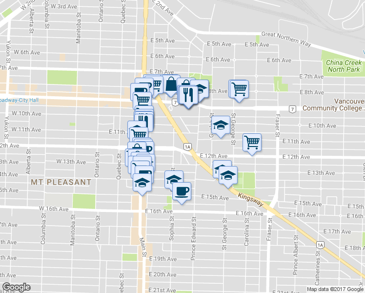 map of restaurants, bars, coffee shops, grocery stores, and more near 355 Kingsway in Vancouver