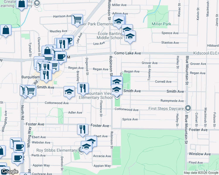 map of restaurants, bars, coffee shops, grocery stores, and more near 702 Robinson Street in Coquitlam