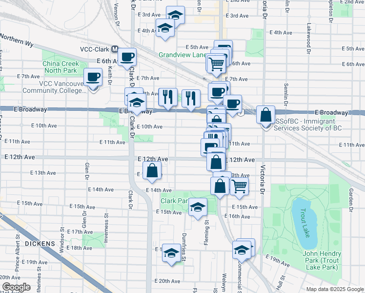 map of restaurants, bars, coffee shops, grocery stores, and more near 1516 East 11th Avenue in Vancouver