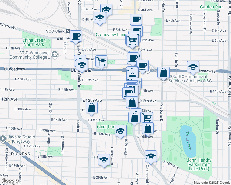 map of restaurants, bars, coffee shops, grocery stores, and more near 1556 East 11th Avenue in Vancouver