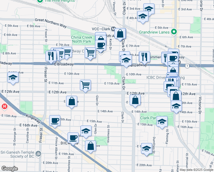 map of restaurants, bars, coffee shops, grocery stores, and more near 1158 East 11th Avenue in Vancouver