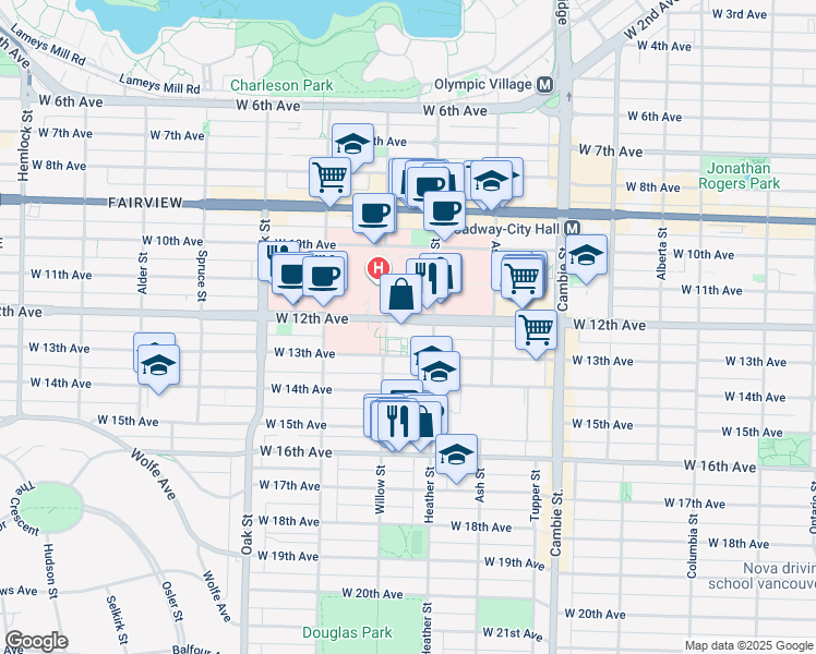 map of restaurants, bars, coffee shops, grocery stores, and more near 750 West 12th Avenue in Vancouver