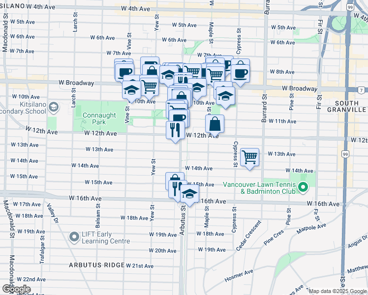 map of restaurants, bars, coffee shops, grocery stores, and more near in Vancouver