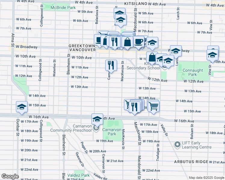 map of restaurants, bars, coffee shops, grocery stores, and more near 2976 West 13th Avenue in Vancouver