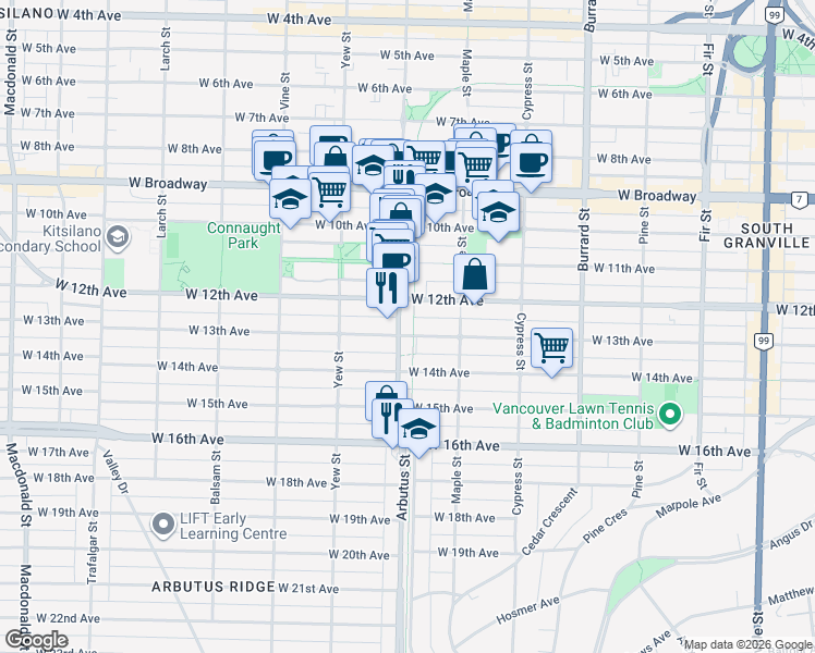 map of restaurants, bars, coffee shops, grocery stores, and more near 2888 Arbutus Street in Vancouver
