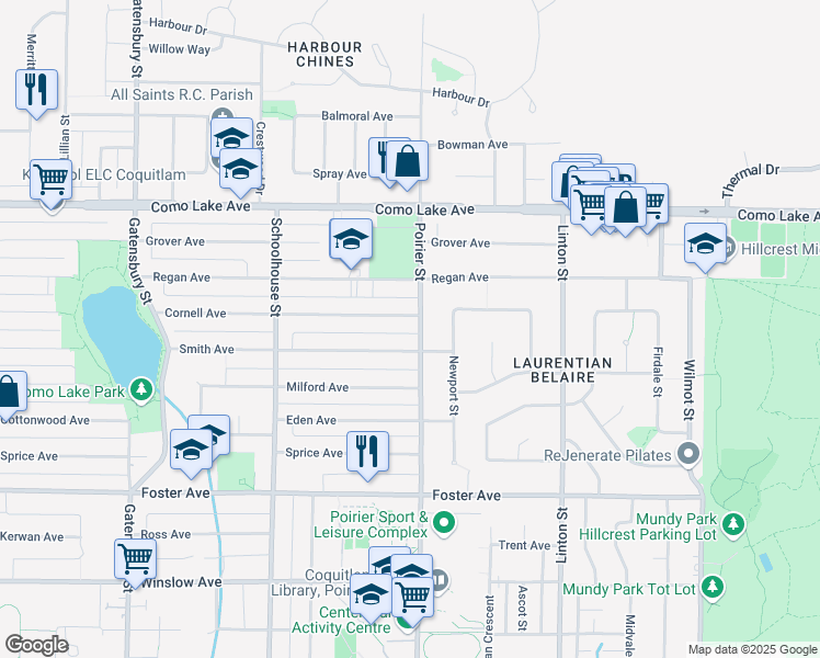 map of restaurants, bars, coffee shops, grocery stores, and more near 710 Poirier Street in Coquitlam